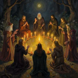 highly detailed painting of a a group of sorcerers conducting a ritual in a ring of candles in the style of Greg rutkowski and Peter mohrbacher, trending on artstation