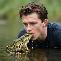 a photograph of Tom Holland swallowing a live frog