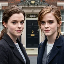 london two parts : katie holmes at left, emma watson at right, london baker street 2 2 1 b at background, inspired bbc sherlock movie, 8 k, cinematic, ultra detailed faces, octane render