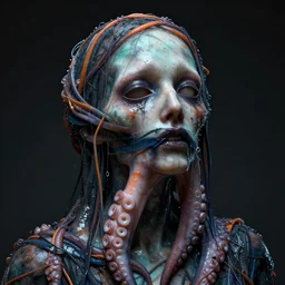 the head of a dead woman wrapped in wet glossy octopus tentacles. teal, orange dark blue, black, white. multiple threads. emil melmoth. zdzislaw beksinski. octane render