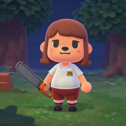 Animal crossing Isabelle standing in the forest holding a chainsaw, dark Colors, nighttime, Hyperdetailed, artstation, cgsociety, 8k