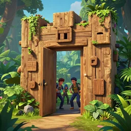 open door wood wall fortress greeble block amazon jungle on portal unknow world ambiant fornite that looks like it is from borderlands and by feng zhu and loish and laurie greasley, victo ngai, andreas rocha, john harris