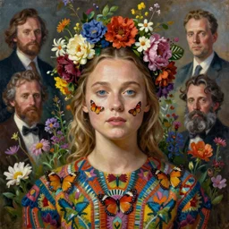 head and shoulders portrait oil painting of alicia vikander covered with butterflies wearing a colourful patterned dress and a flower crown surrounded by wild flowers, painted by edgar maxence, edward hopper, wayne barlowe, james gilleard and james jean