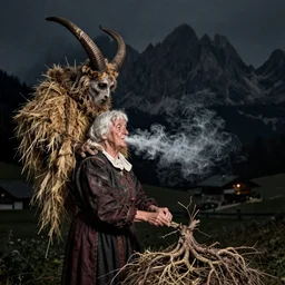 1 9 2 0 s spirit portrait photography of an old female farmer turning into a krampus ghost with hay cloth in the dolomites, smoke from mouth, casting a root spell, witchy, wicca, by william hope, dark, eerie, grainy