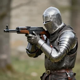 medieval knight, in armor, shooting an ak - 4 7. 4 k, hdr, 5 0 mm lens, f 1. 8.