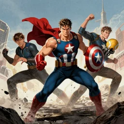 Epic MCU superhero action moment illustration in style of Vasya Lozhkin