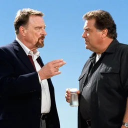 walter white with pablo escobar talking about blue sky meth ( cinematic still frame shot, great detailed, good quality, greatly illustrated, uhd, studio lighting, 8 k, photo - realistic, hyperrealistic )