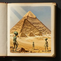 an old journal page with a rich illustration of aliens building the Great Pyramid of Giza