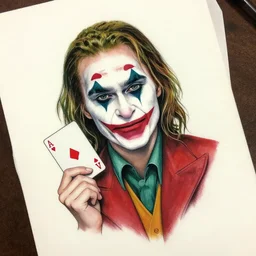 tattoo design sketch of beautiful margot robbie with the joker makeup and holding an ace card, in the style of den yakovlev, realistic face, black and white, realism tattoo, hyper realistic, highly detailed