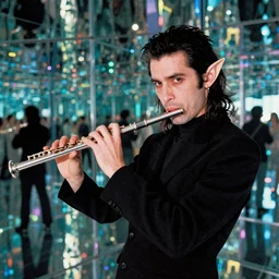 album cover of a 3 / 4 view of a nosferatu playing the flute, elf ears, looking at the camera, galactic disco funk, infinite mirror, vintage, grainy