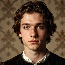 close - up portrait of renaissance dressed young man, background with wallpaper, photograph by julia margaret cameron