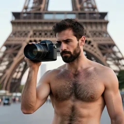 shirtless man with big hairy black chest hair and! holding a big film camera in his hand! standing in front of the eiffel tower early in the morning while looking at the camera, photorealistic, 4 k, good composition, detailed, smooth, aesthetic,