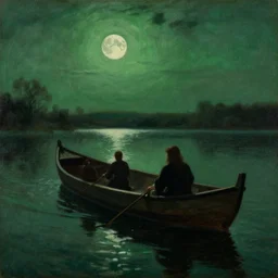 an anglo - saxon funerary barge sailing in the middle of a lake, midnight, greenish moonlight, haunted, close up, in the style of john atkinson grimshaw, john william waterhouse, oil on canvas