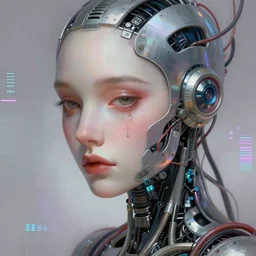 cyborg machine, wires bare, beautiful face, sad eyes, love, dreamscape, digital painting, concept art, 8 k, by neil gaiman - n 4