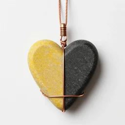 beautiful but simple amulet made from equal parts bright sandstone and dark sandstone, bound together by copper wire and representing powerful love