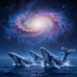 Whales coming out of earth in galaxy, dreamy atmospheric