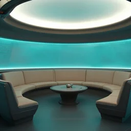 interior of ten forward lounge in star trek enterprise, warm aqua lighting