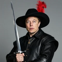 photo of elon musk as a musketeer, he has a big black hat with a red feather, he is holding a shiny rapier sword and he is looking straight to the camera, studio lighting