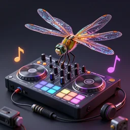 An dragonfly made of music instruments and DJ equipaments , mixer ,MPC amazing colors , epic