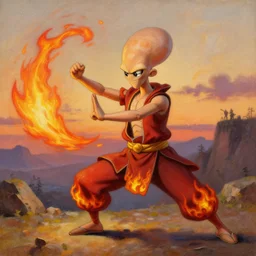 [ [ squidward ] ] wearing fire nation clothing and practicing firebending outside at susnset, oil painting, highly [ detailed ], intricate, hd, sharp focus, photorealistic, by moebius and greg rutkowski, trending on artstation, trending on cgsociety, realistic shading and lighting