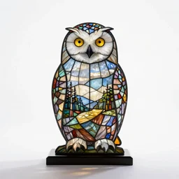 stained glass snowy owl, professional studio photo, full body, isolated on a pure white background, centered, entire subject in frame, sharp focus, soft studio lighting