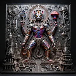epic dark studio shooting at Khajuraho, octane, rimlight, by david lachapelle, godes, made from electric condensators Shiva, veins, vibrant, xray,  flat shaped chrome relief, fossil, MINIATURE CITY, mechanic bionic fungus flower cyberpunk cat mechabot,  maze, tubes, joints, buttons, gears, relief by Goga Tandashvili, by jonas burgert, by Wayne Barlowe, cinematic