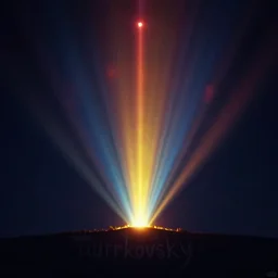 ideas shining in plain night ascending to heaven, signed by a turkovsky, flares, colors, rays, verticality