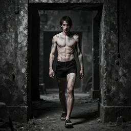 humanoid walking through a portal from the past into the future, face piercings, tattoos, noir, photograph,