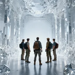 five adventurers standing inside a giant room made of crystal, the room is full of eyes embedded in the walls, there is a sarcophagus in the middle of the room, fantasy
