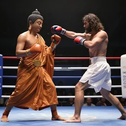 gautama buddha fighting jesus christ in a boxing match. live action footage