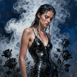 fierce wet fashion model, swirling white and black smoke, mist, sun rays, sweat skin, liquid black metal, black roses, poster art, high detail, intricate oil painting, deep blue mood, hyperrealism, 3 d, by tooth wu and wlop and beeple and greg rutkowski