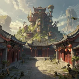 ancient chinese courtyard + steampunk architecture on hill ， cyberpunk style by greg rutkowski and thomas kinkade, trending on artstation