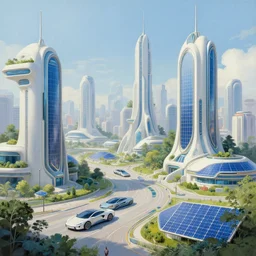 hyperrealistic and beautiful painting of a slice of life from a futuristic utopian solarpunk city, solar panel and nature themed designs, futuristic cars, art deco, technological, cinematic, classical architecture, solarpunk style, highly detailed, elegant, realism, acrylic on canvas, 8 k resolution, concept art, by noriyoshi ohrai, francesco di giorgio martini, george luks - n 4