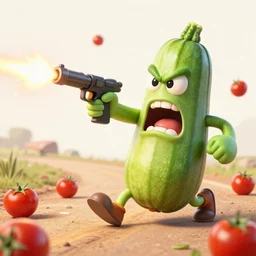 highly detailed 3 d render of a raging mad angry zucchini character, guns blazing, dirt road showdown, wimpy tomates scattered everywhere, high speed action, explosions, dramatic scene, hyper realistic octane render, cinematic lighting, tomato splatter, deviantart, black sky, lowbrow, surrealism, pixar still, mayhem