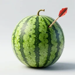 A photo of a whole watermelon that was shot by an arrow