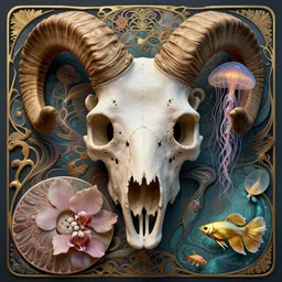 close-up portrait ram skull abstract 3d composition. jellyfish phoenix head, nautilus, orchid, moebius, mucha, New art nouveau, skull, gold betta fish, bioluminiscent creatures, intricate artwork by Tooth Wu and wlop and beeple. octane render, trending on artstation, greg rutkowski very coherent symmetrical artwork. cinematic, hyper realism, high detail, octane render, 8k