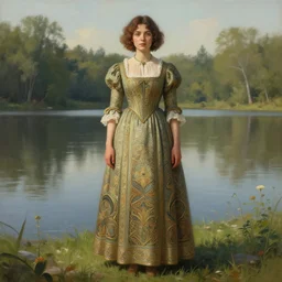 full body portrait of a woman with short wavy hair, round face, cottagecore!!, lake, intricate, enlightenment, highly detailed, digital painting, artstation, concept art, smooth, sharp focus, illustration, art by artgerm and greg rutkowski and alphonse mucha
