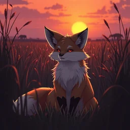 anthropomorphic fox fursona sitting in between the grass in savannah lit by the sunset, furry art, trending on artstation, digital art, kawacy