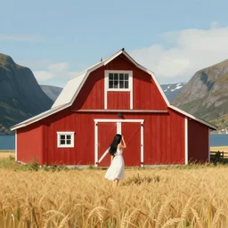a red barn in the middle of a crop in a fjord. subject : a young woman with long black hair wearing a white dress. action : the woman is hiding from the sun in the shade! of the red barn. composition : sharp focus, detailed, realistic, smooth, illustration, elegant, wide angle, trending on artstation. artists : eddie mendoza, ( anato finnstark ), and ( randy vargas ).