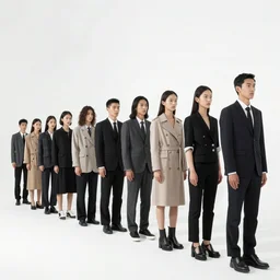 long line-up of suspects, full body view, fashion photography, white background