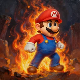 super Mario on fire, oil on canvas
