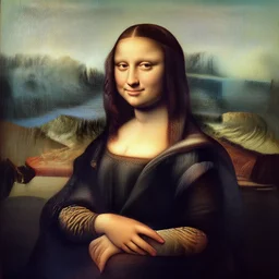 a portrait of a woman painted in italian renaissance chiaroscuro style. the woman in the painting is shown seated with her hands folded in her lap. she is wearing a simple dress with a pattern of flowers. her black hair is pulled back from her face and she has a small, faint smile. the background of the painting is a landscape of rolling hills and mountains. the sky is a light blue, and there are small clouds in the distance.