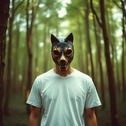 creepy man standing in a dense forest wearing a clean t - shirt and a retro vintage creepy animal mask, hipster cinematic colors, trending on instagram, photography, sigma 8 5 mm f / 1. 4
