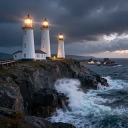 Three lighthouses on dramatic rocky cliff, bright lighthouse beacons, large waves hitting the cliff, small nordic mythical town in the background, a wooden bridge, dark stormy clouds, dawn, fantasy, cinematic, dramatic lighting, photorealistic, unreal engine, artstation, detailed, 4k