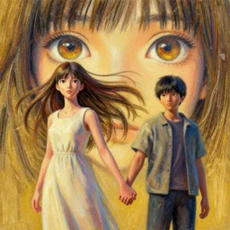 recursive image with a girl and a boy holding hands, large eyes, her long hair flowing, surreal, oil pastels and gold, in the style of katsuhiro otomo, modeled in poser, redshift render, uhd