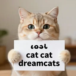 realistic high quality photo of a cute cat holding a sign with text that reads : dream, cat, cast, cat cat dreamcats,