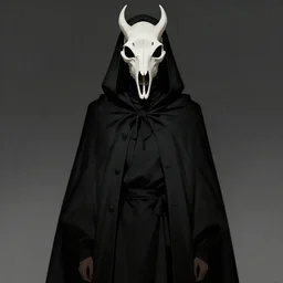 full body portrait of a character wearing a black cloak, with a white mask in the shape of an animal skull, the mask covers her entire face, dramatic lighting, illustration by Greg rutkowski, yoji shinkawa, 4k, digital art, concept art, trending on artstation