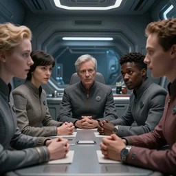 movie closeup diverse interracial small team of European sci-fi futuristic space explorers talking at the table in a spaceship kitchen, beautiful skin, Symmetrical faces. Beautiful lighting by Emmanuel Lubezki