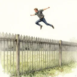 dream a scene of man jumping over a tall fence, ink and watercolor illustration masterpiece, perfectly realistic yet surreal, perfect, by ryan ottley