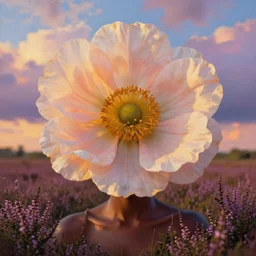 closeup, large flower as head, an african woman in the heather field, surreal photography, golden hour, colorful clouds, impressionist painting, digital painting, artstation, simon stalenhag